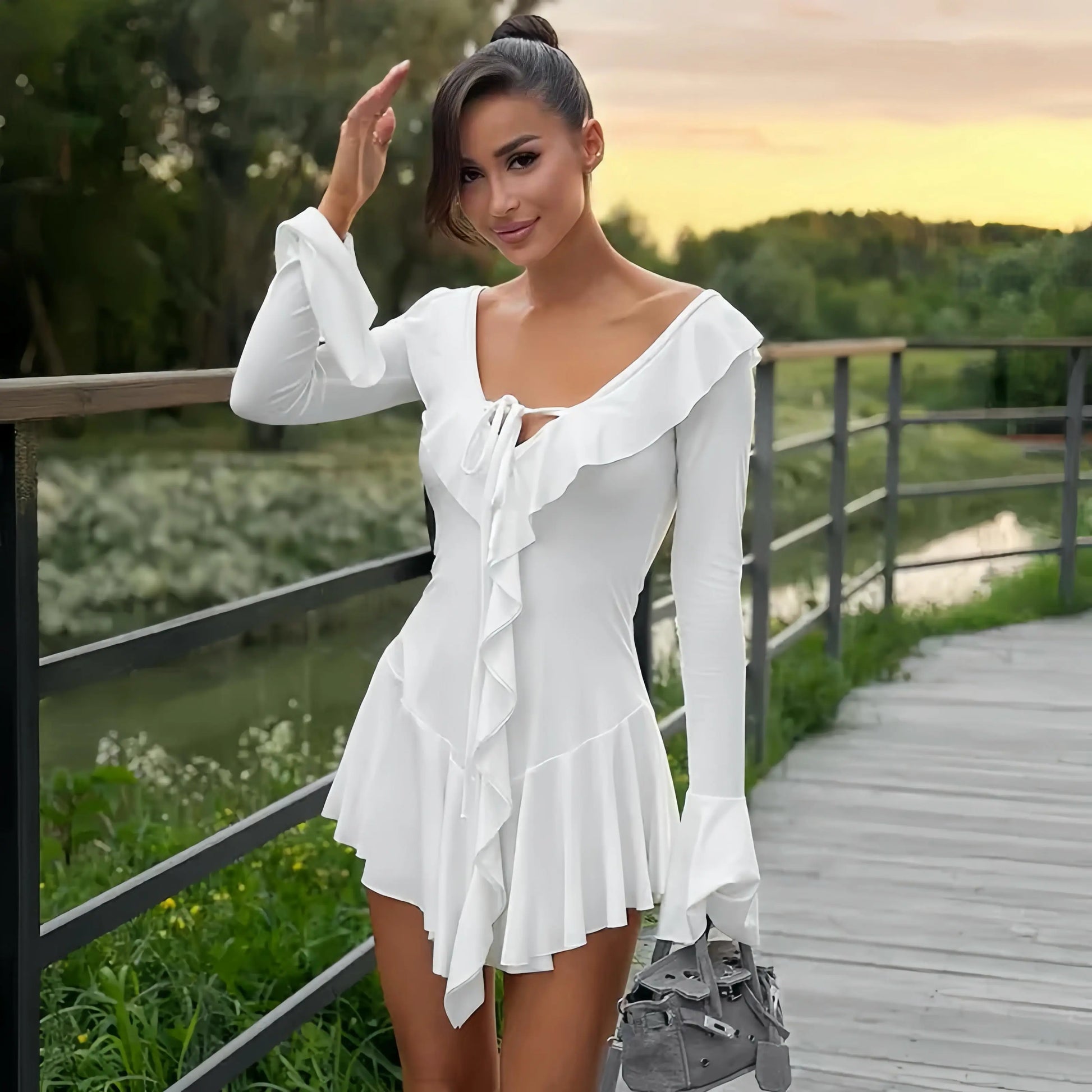 TARUXY White Deep V Neck Ruffled Dress For Women Long Flare Sleeve Autumn Fashion Beach Party Short Dresses Female Sexy Slim Little Addiction