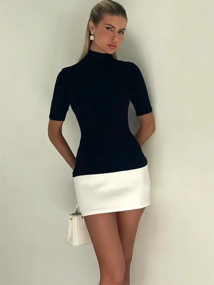 Tossy Summer Female Contrast Mini Dress Casual High Waist Short Sleeve Sexy Skinny Patchwork Bodycon Dress Women's Mini Dress Little Addiction