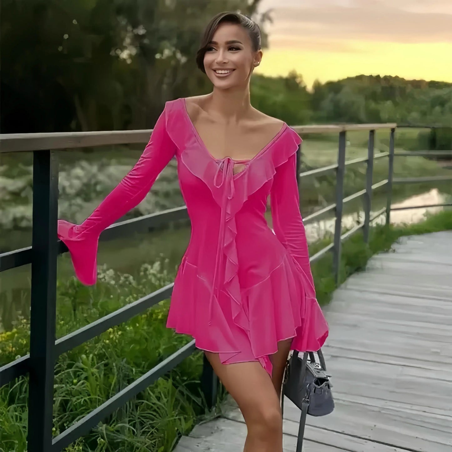 TARUXY White Deep V Neck Ruffled Dress For Women Long Flare Sleeve Autumn Fashion Beach Party Short Dresses Female Sexy Slim Little Addiction