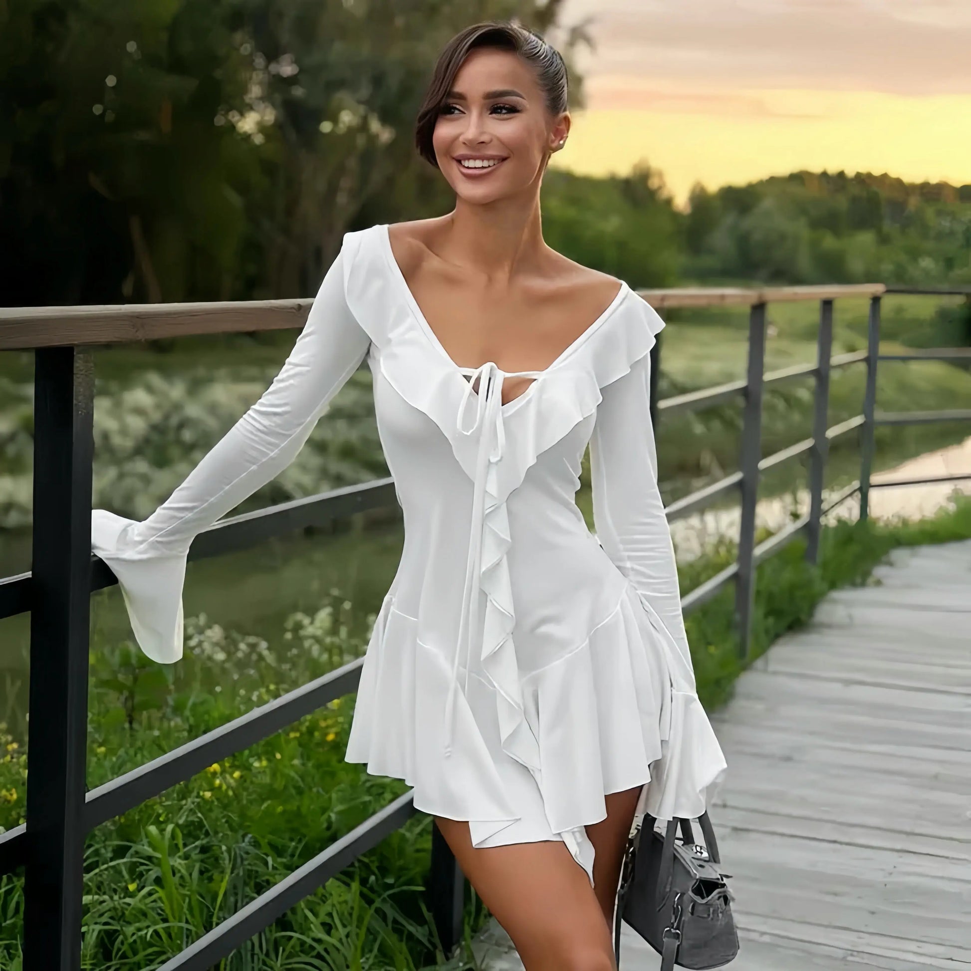 TARUXY White Deep V Neck Ruffled Dress For Women Long Flare Sleeve Autumn Fashion Beach Party Short Dresses Female Sexy Slim Little Addiction