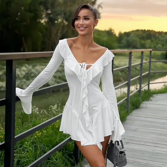 TARUXY White Deep V Neck Ruffled Dress For Women Long Flare Sleeve Autumn Fashion Beach Party Short Dresses Female Sexy Slim Little Addiction