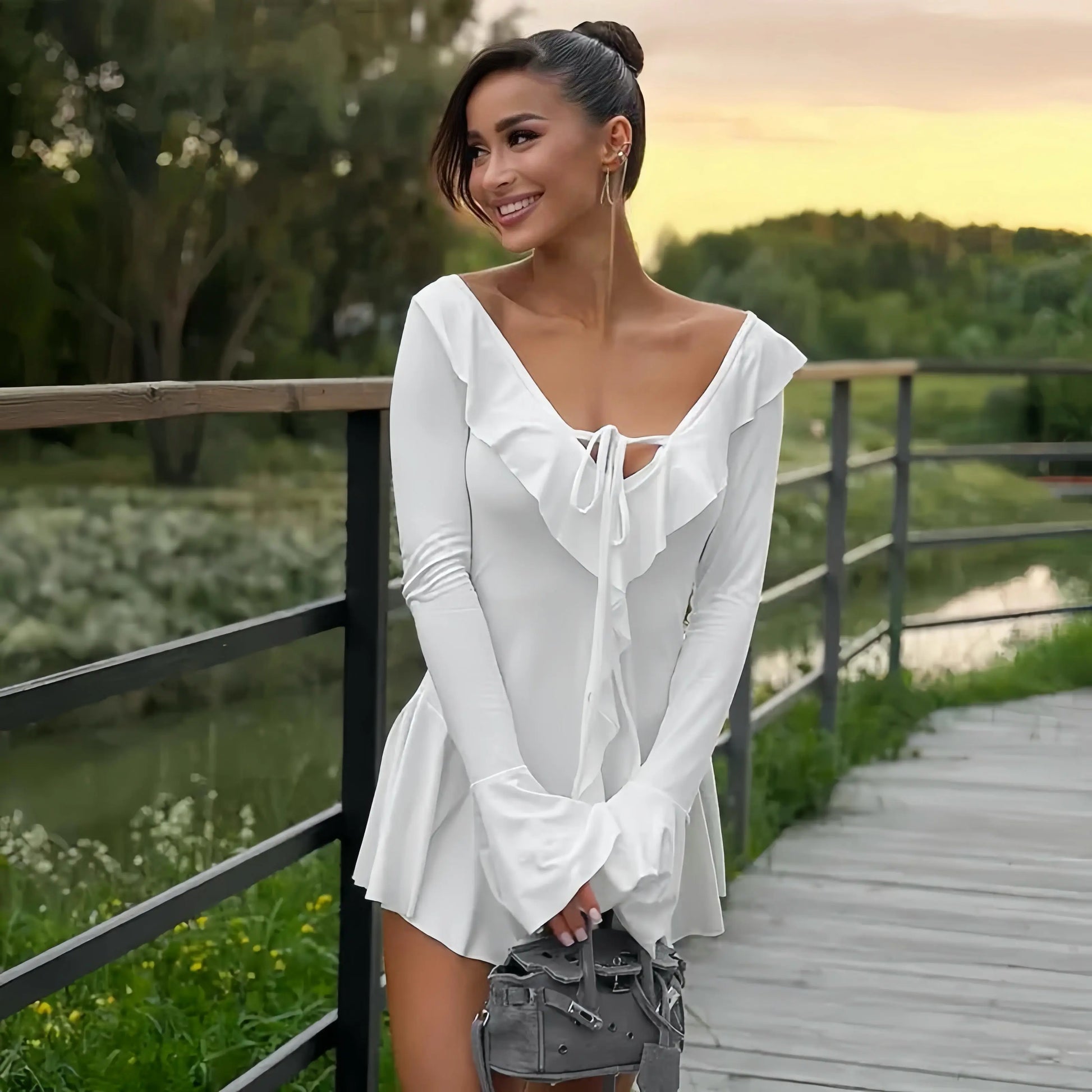 TARUXY White Deep V Neck Ruffled Dress For Women Long Flare Sleeve Autumn Fashion Beach Party Short Dresses Female Sexy Slim Little Addiction