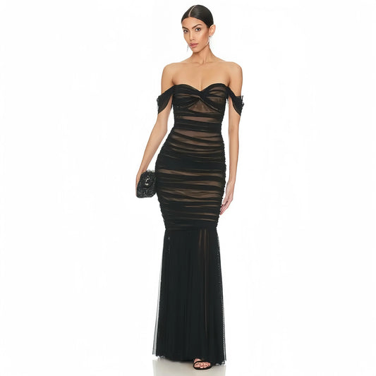 Black Sheer Mesh Pleated Women Maxi Dress Off the Shoulder Sweetheart Neck Bodycon Mermaid Long Party Vestido Little Addiction