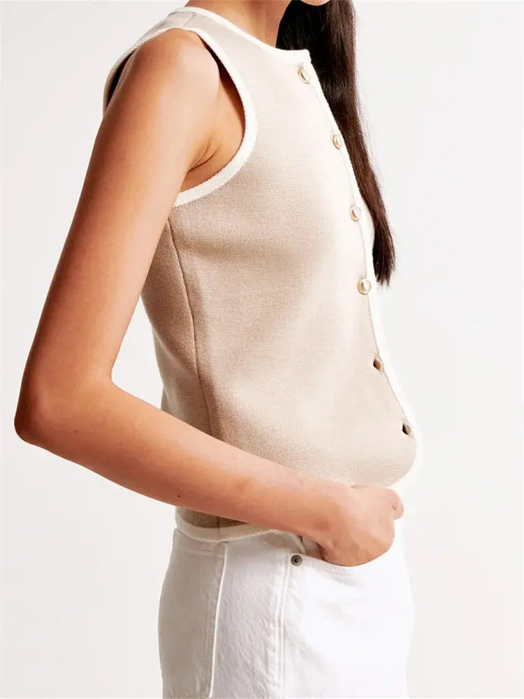 CHRONSTYLE Women Summer Knitted Tank Tops Sleeveless Round Neck Front Buttons Down Slim Fit Patchwork Mini Vest Streetwear 2024 Little Addiction