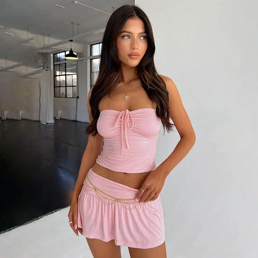Strapless Drawstring Ruched Crop Top and Pleated Skirt Set Little Addiction