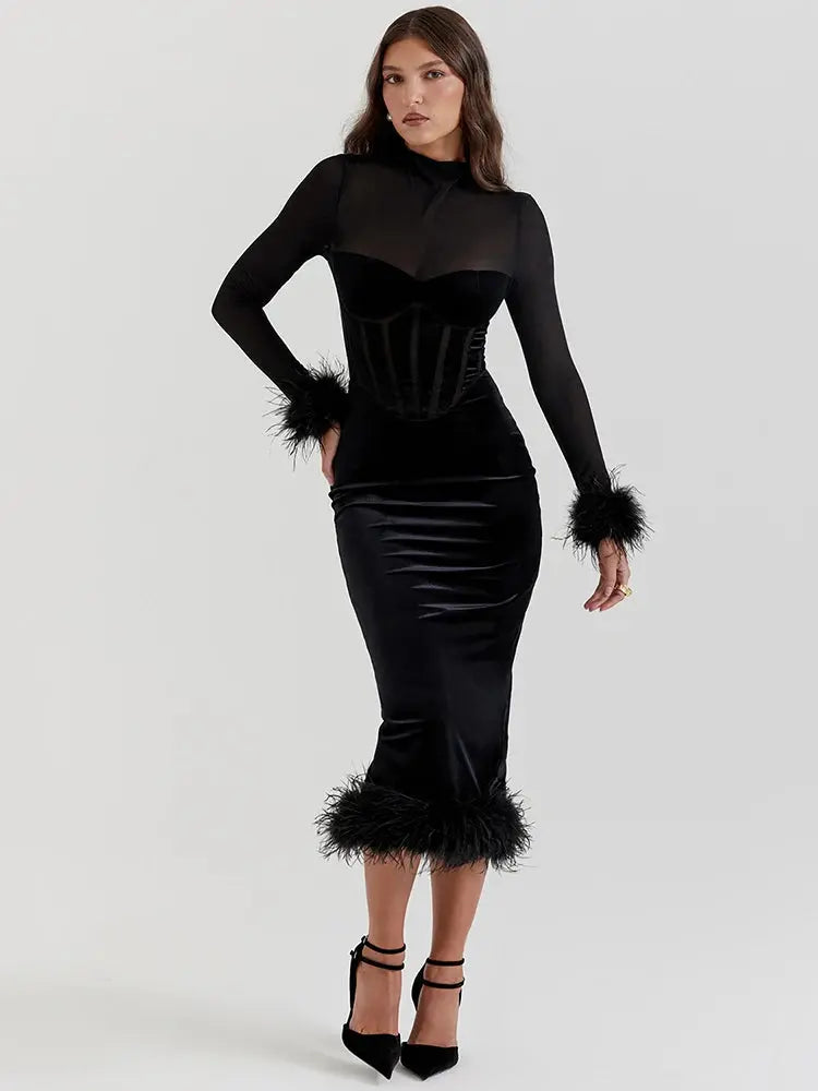 Luxe Black Feathered Midi Dress Little Addiction