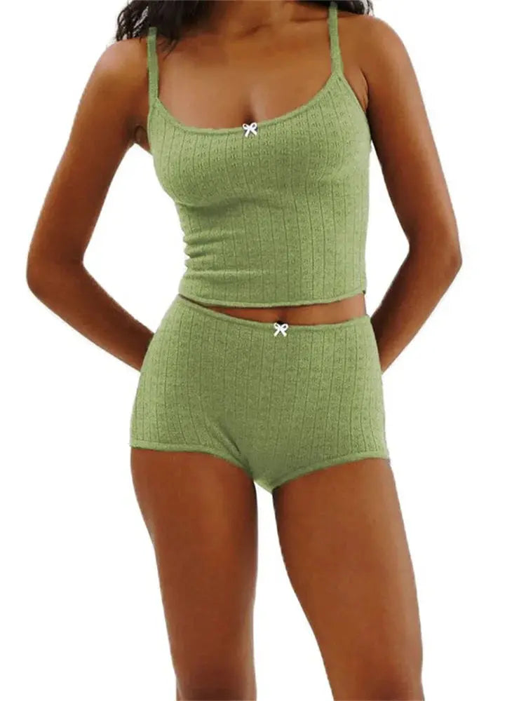 CHRONSTYLE Sexy Women 2 Pieces Sets Bow Sleeveless Strap Camis Crop Tops Elastic High Waist Shorts Summer Casual Streetwear 2023 Little Addiction