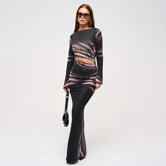 Twill Printed Hollow Waist Dress Little Addiction