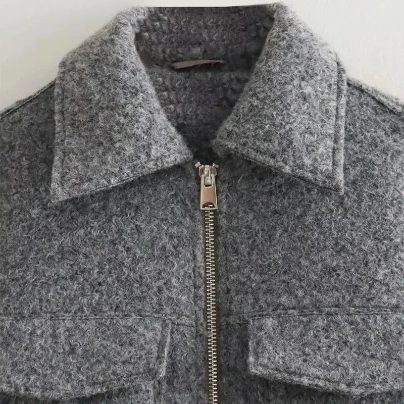 TRAF Autumn Winter Cropped Jacket for Women Short Coat Tweed Jacket Zip Crop Demi-season Jacket Woman New in outerwears Little Addiction