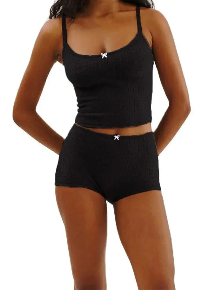 CHRONSTYLE Sexy Women 2 Pieces Sets Bow Sleeveless Strap Camis Crop Tops Elastic High Waist Shorts Summer Casual Streetwear 2023 Little Addiction