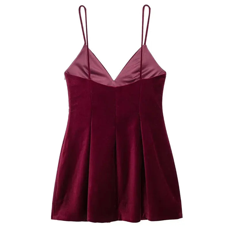 TRAF 2024 Womens Dresses Velvet Slip Short Dress Lady Pleated Corset Red Dress Burgundy Sleeveless Backless Vestidos Warm Dress Little Addiction