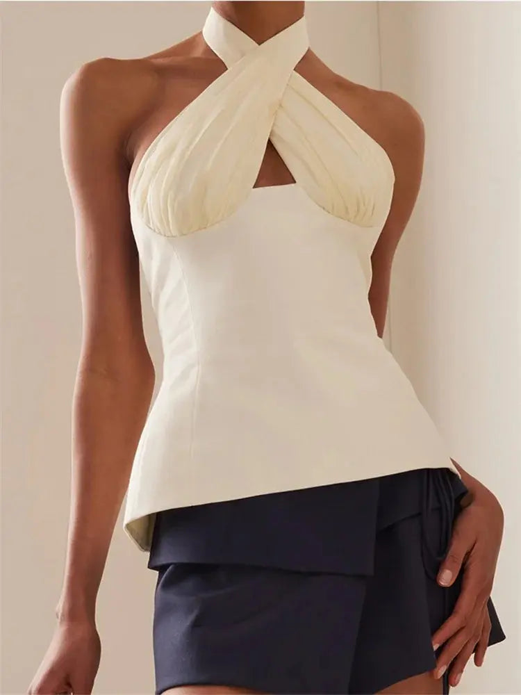 CHRONSTYLE Sexy Women Summer Fashion Tank Tops Solid Color Sleeveless Backless Tie-up Halter Off Shoulder Ruched Vest Streetwear Little Addiction