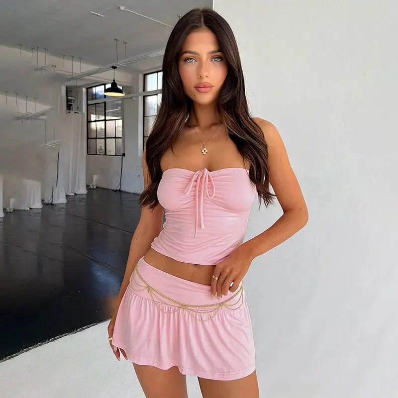 Strapless Drawstring Ruched Crop Top and Pleated Skirt Set Little Addiction