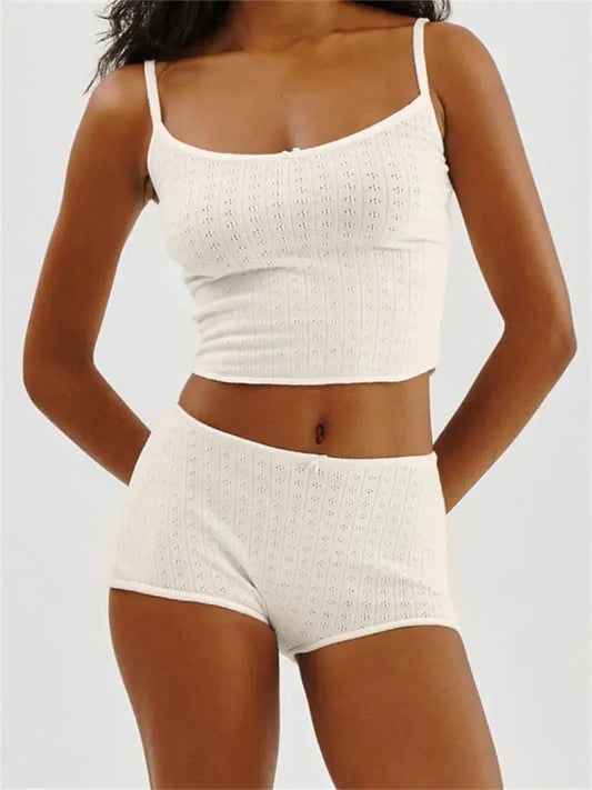 CHRONSTYLE Sexy Women 2 Pieces Sets Bow Sleeveless Strap Camis Crop Tops Elastic High Waist Shorts Summer Casual Streetwear 2023 Little Addiction