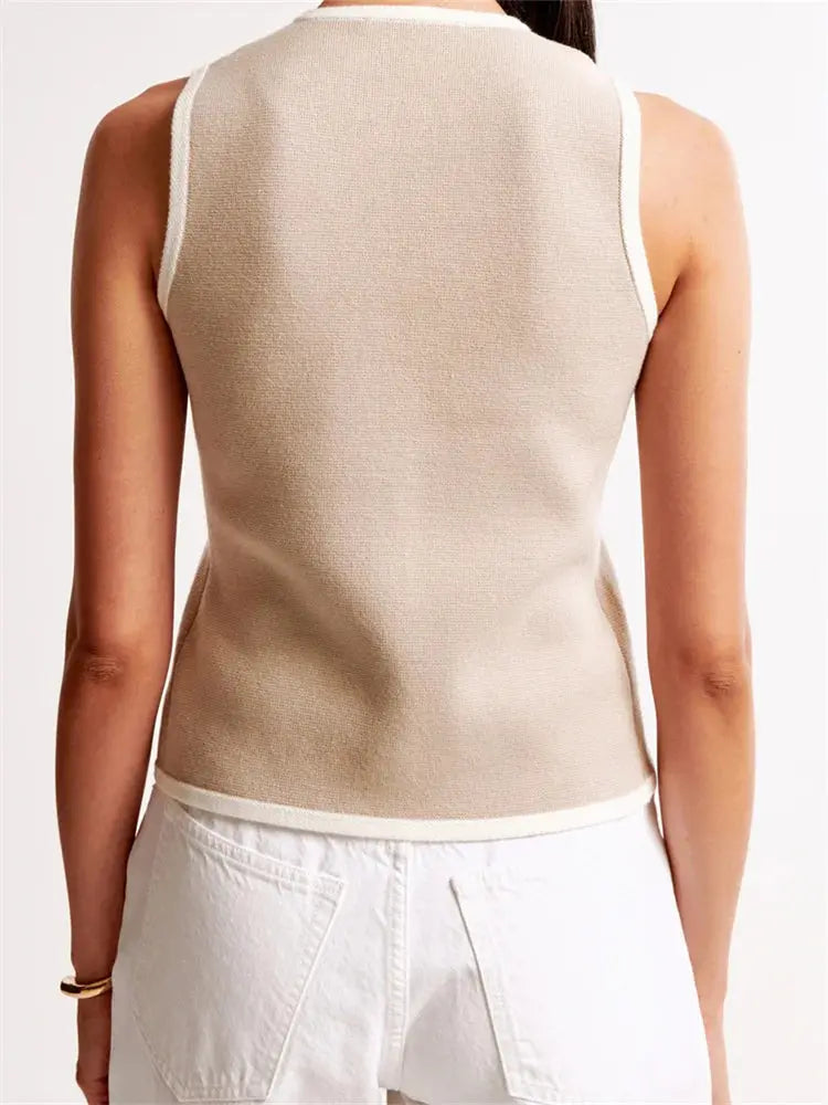 CHRONSTYLE Women Summer Knitted Tank Tops Sleeveless Round Neck Front Buttons Down Slim Fit Patchwork Mini Vest Streetwear 2024 Little Addiction