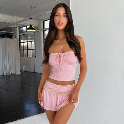 Strapless Drawstring Ruched Crop Top and Pleated Skirt Set Little Addiction