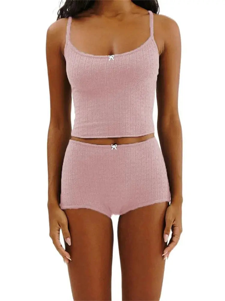 CHRONSTYLE Sexy Women 2 Pieces Sets Bow Sleeveless Strap Camis Crop Tops Elastic High Waist Shorts Summer Casual Streetwear 2023 Little Addiction