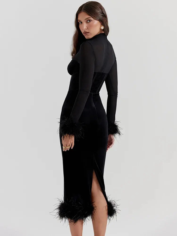 Luxe Black Feathered Midi Dress Little Addiction