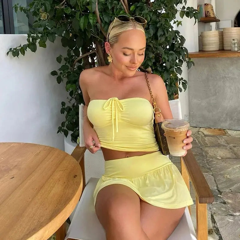 Strapless Drawstring Ruched Crop Top and Pleated Skirt Set Little Addiction