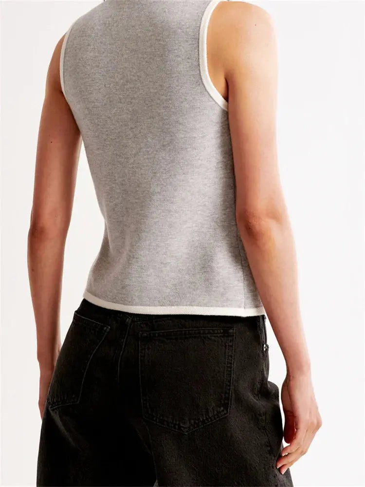 CHRONSTYLE Women Summer Knitted Tank Tops Sleeveless Round Neck Front Buttons Down Slim Fit Patchwork Mini Vest Streetwear 2024 Little Addiction