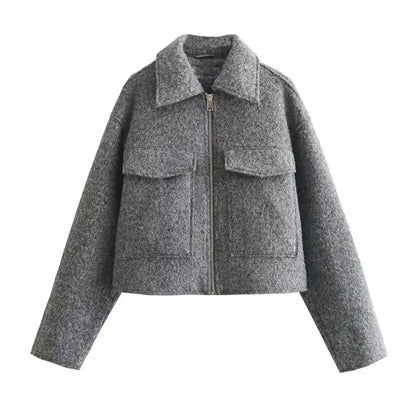 TRAF Autumn Winter Cropped Jacket for Women Short Coat Tweed Jacket Zip Crop Demi-season Jacket Woman New in outerwears Little Addiction
