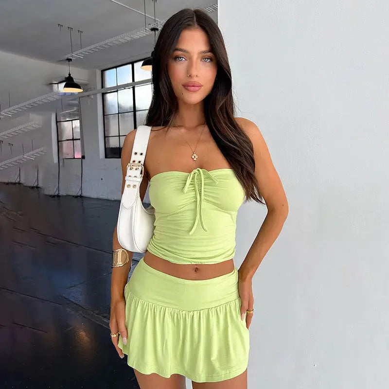 Strapless Drawstring Ruched Crop Top and Pleated Skirt Set Little Addiction