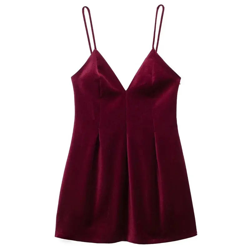 TRAF 2024 Womens Dresses Velvet Slip Short Dress Lady Pleated Corset Red Dress Burgundy Sleeveless Backless Vestidos Warm Dress Little Addiction