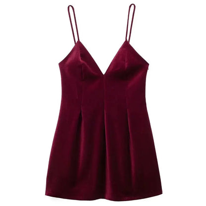 TRAF 2024 Womens Dresses Velvet Slip Short Dress Lady Pleated Corset Red Dress Burgundy Sleeveless Backless Vestidos Warm Dress Little Addiction