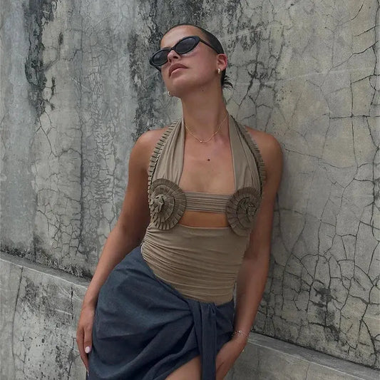 Hollow Out Frill Mesh See Through Crop Top Y2k Sexy Clothes Ruched Backless Halter Going Out Tank Tops Club Summer 2024 XY23581M Little Addiction