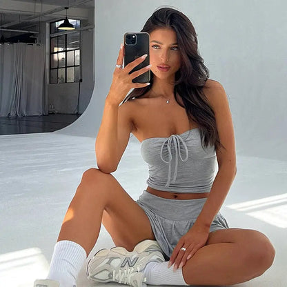 Strapless Drawstring Ruched Crop Top and Pleated Skirt Set Little Addiction
