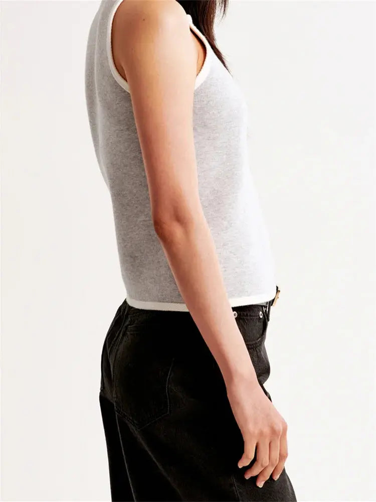 CHRONSTYLE Women Summer Knitted Tank Tops Sleeveless Round Neck Front Buttons Down Slim Fit Patchwork Mini Vest Streetwear 2024 Little Addiction