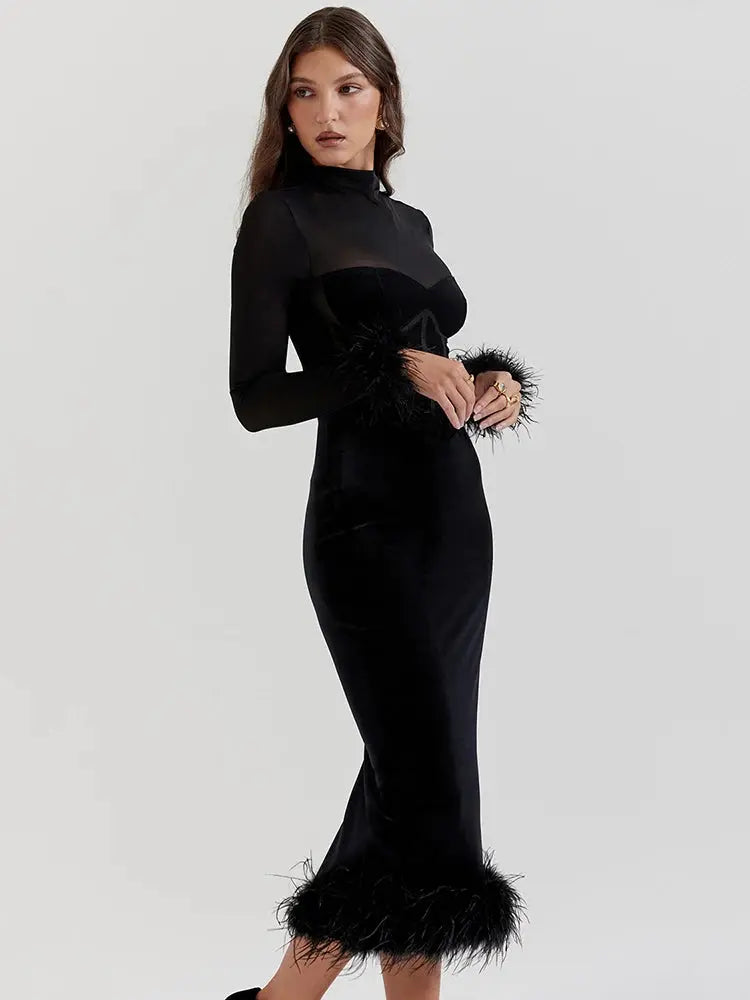 Luxe Black Feathered Midi Dress Little Addiction