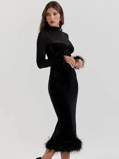 Luxe Black Feathered Midi Dress Little Addiction