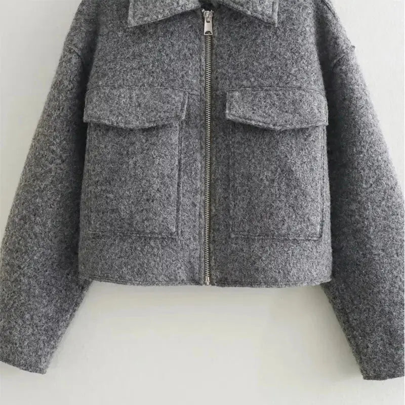 TRAF Autumn Winter Cropped Jacket for Women Short Coat Tweed Jacket Zip Crop Demi-season Jacket Woman New in outerwears Little Addiction
