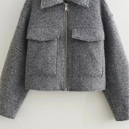 TRAF Autumn Winter Cropped Jacket for Women Short Coat Tweed Jacket Zip Crop Demi-season Jacket Woman New in outerwears Little Addiction