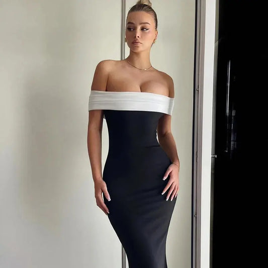 Summer and Autumn Sexy Club Slash Neck Backless Patchwork Women Elegant Long Sleeve  Midi bodycon Party Dresses YY24043DGO Little Addiction