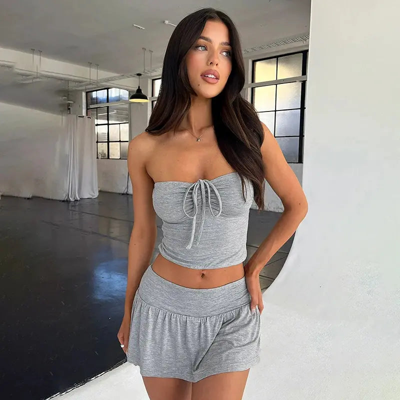 Strapless Drawstring Ruched Crop Top and Pleated Skirt Set Little Addiction