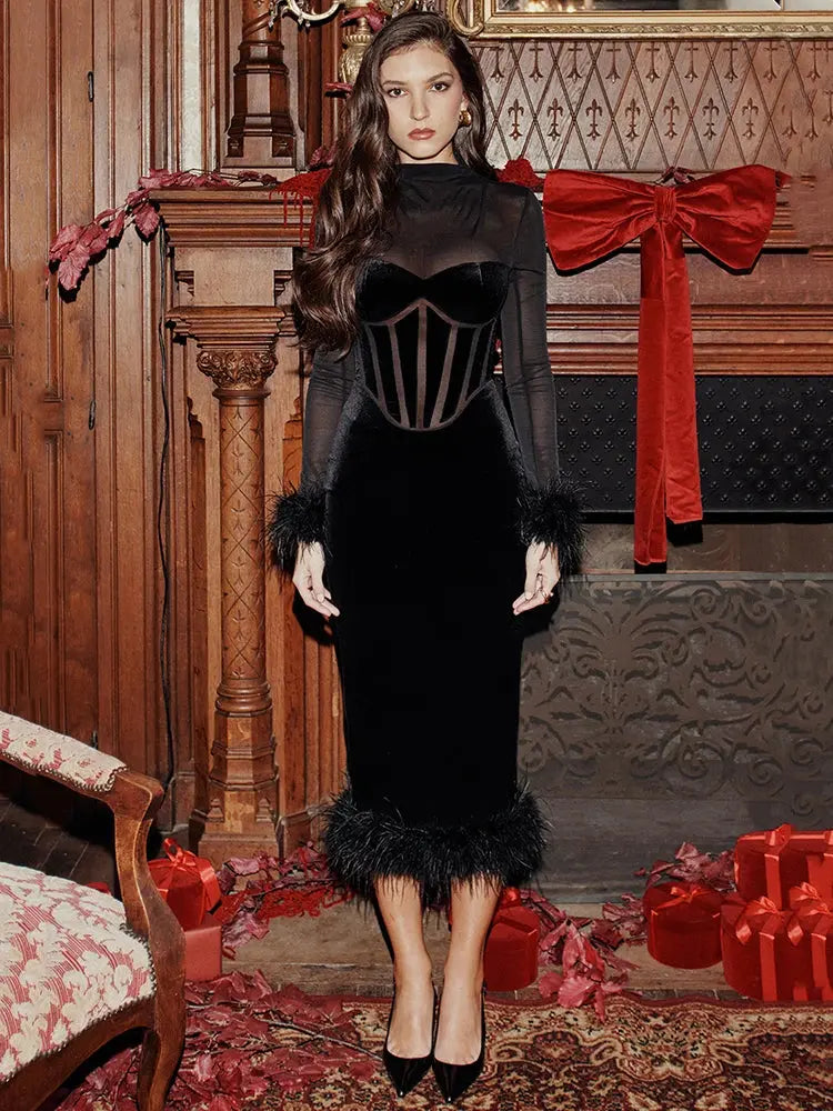 Luxe Black Feathered Midi Dress Little Addiction