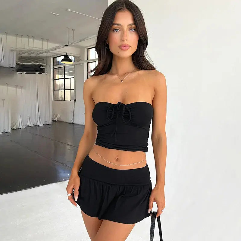 Strapless Drawstring Ruched Crop Top and Pleated Skirt Set Little Addiction