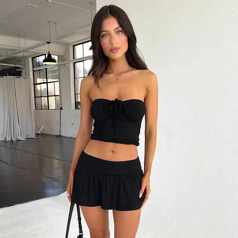 Strapless Drawstring Ruched Crop Top and Pleated Skirt Set Little Addiction