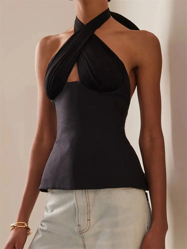 CHRONSTYLE Sexy Women Summer Fashion Tank Tops Solid Color Sleeveless Backless Tie-up Halter Off Shoulder Ruched Vest Streetwear Little Addiction