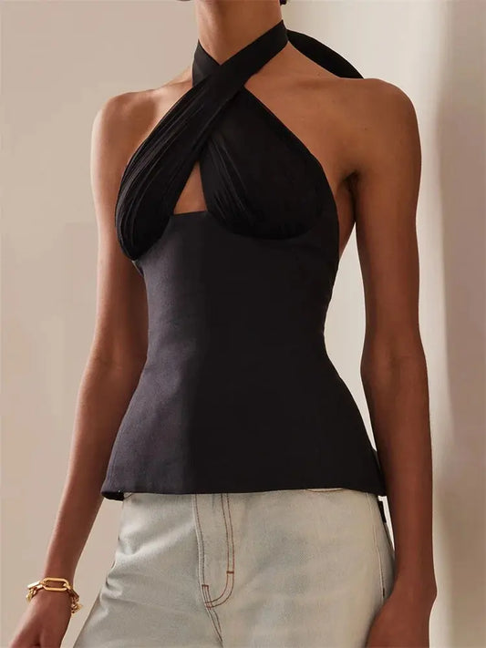 CHRONSTYLE Sexy Women Summer Fashion Tank Tops Solid Color Sleeveless Backless Tie-up Halter Off Shoulder Ruched Vest Streetwear Little Addiction