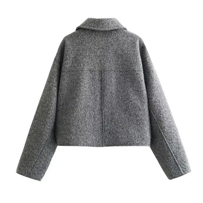TRAF Autumn Winter Cropped Jacket for Women Short Coat Tweed Jacket Zip Crop Demi-season Jacket Woman New in outerwears Little Addiction