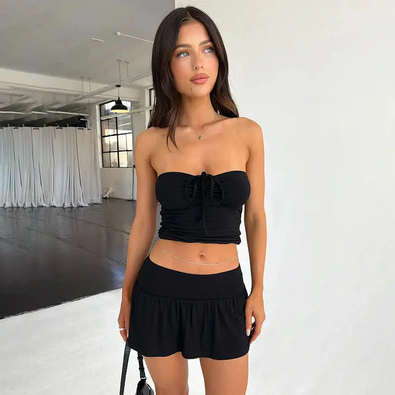 Strapless Drawstring Ruched Crop Top and Pleated Skirt Set Little Addiction