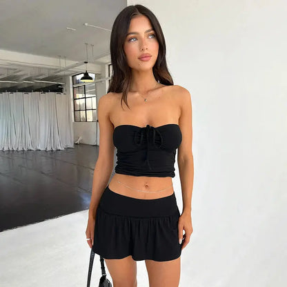 Strapless Drawstring Ruched Crop Top and Pleated Skirt Set Little Addiction