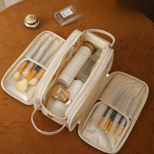 Three-layer Double Zipper U-shaped Design Cosmetic Bag Fashion High Capacity Make Up Bags Portable Pu Leather Storage Bag For Skin Care Products - Little Addiction